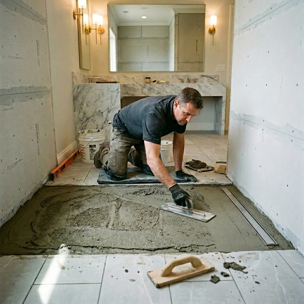 Traditional mud-set shower construction in Whitefish, Montana