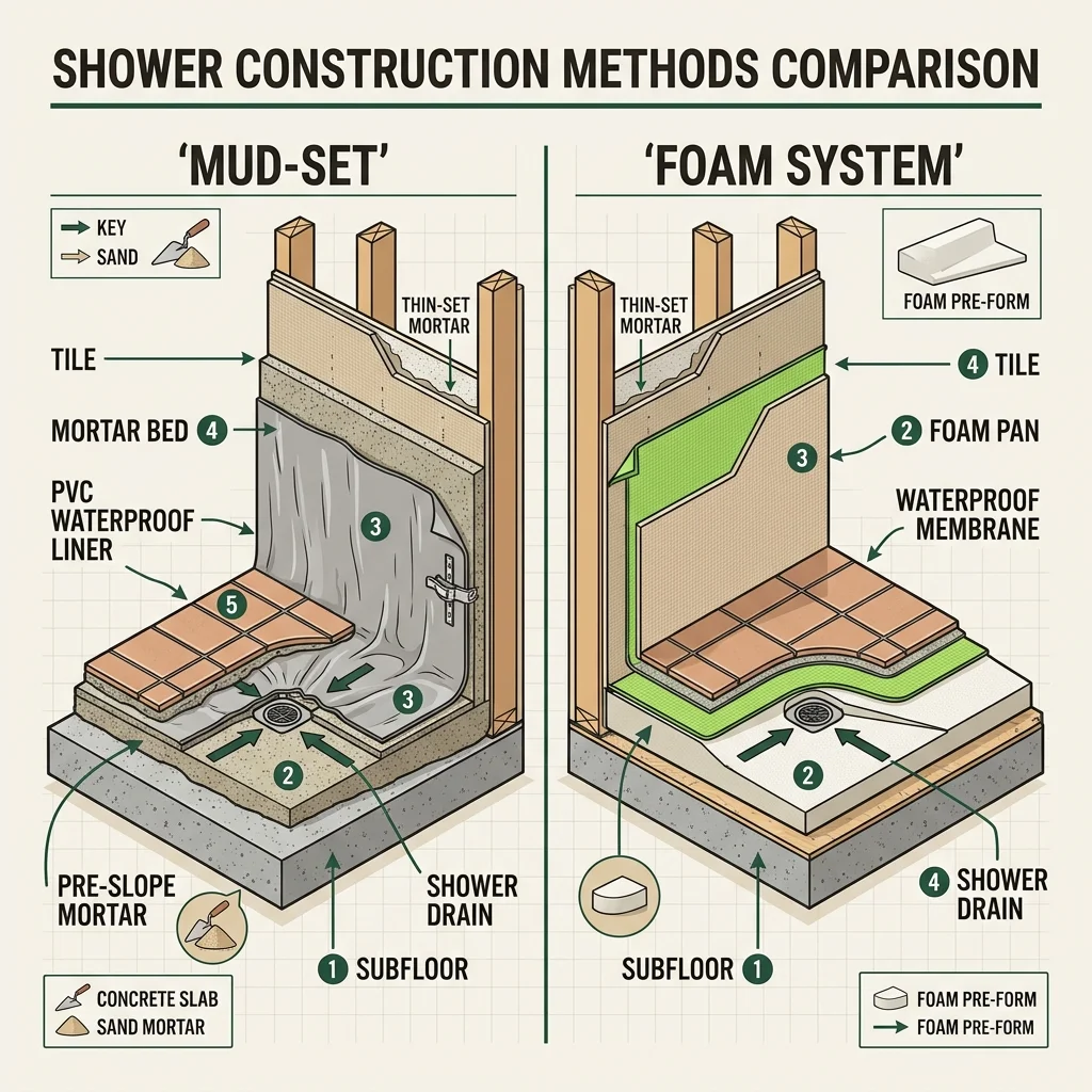 Mud-set shower vs foam shower system comparison