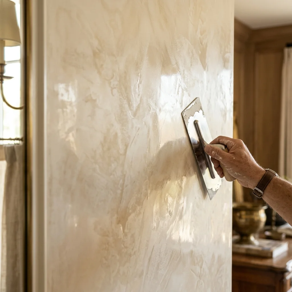 Hand-applied Venetian plaster wall finish in a Montana home