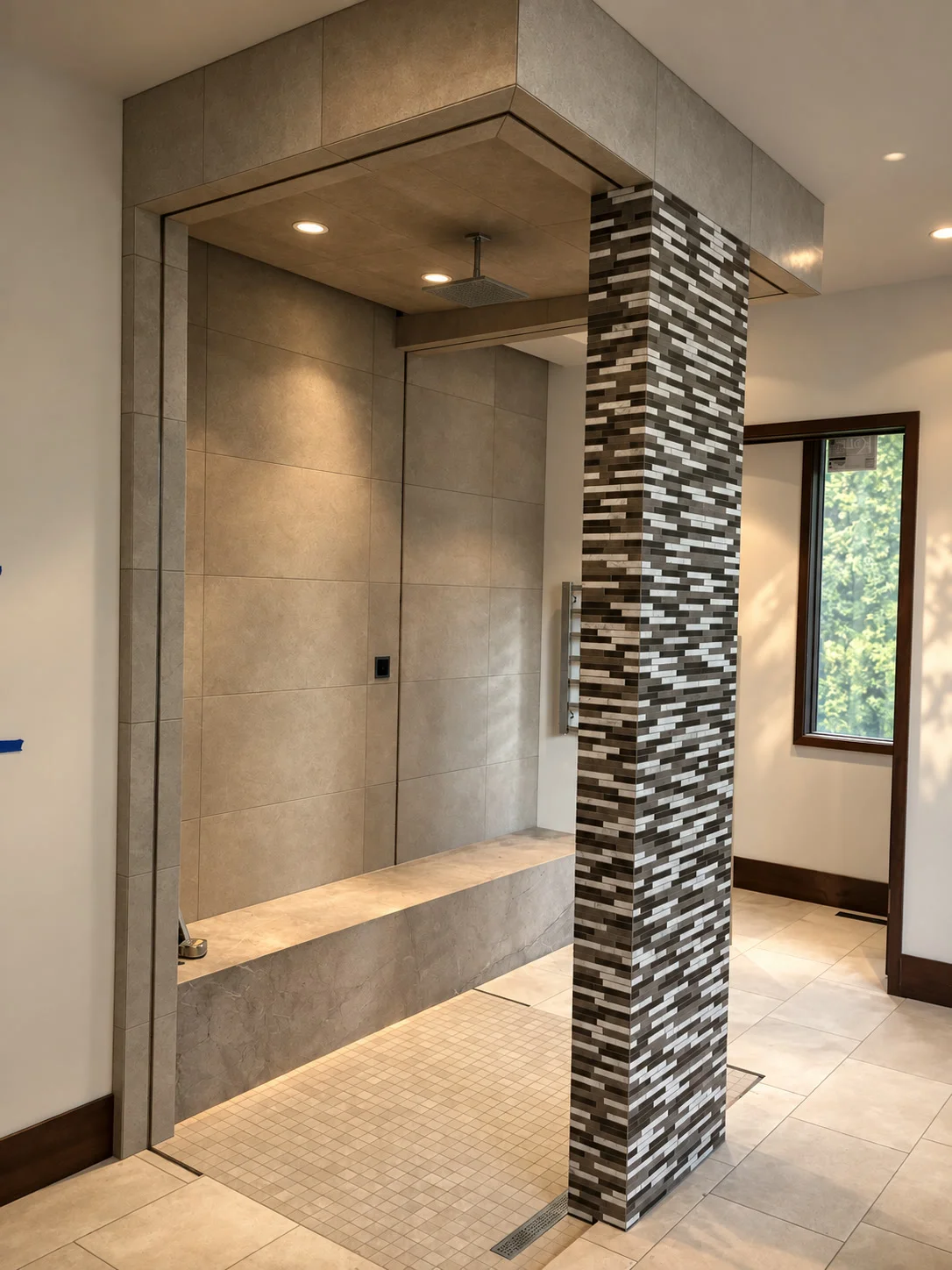 Custom walk-in shower featuring architectural stone mosaic pillar and bench