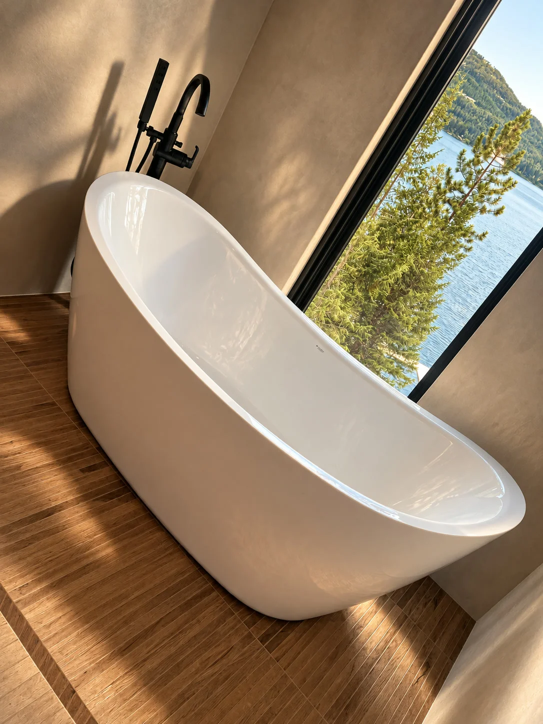 Freestanding soaking tub beside scenic picture window over wood-look tile