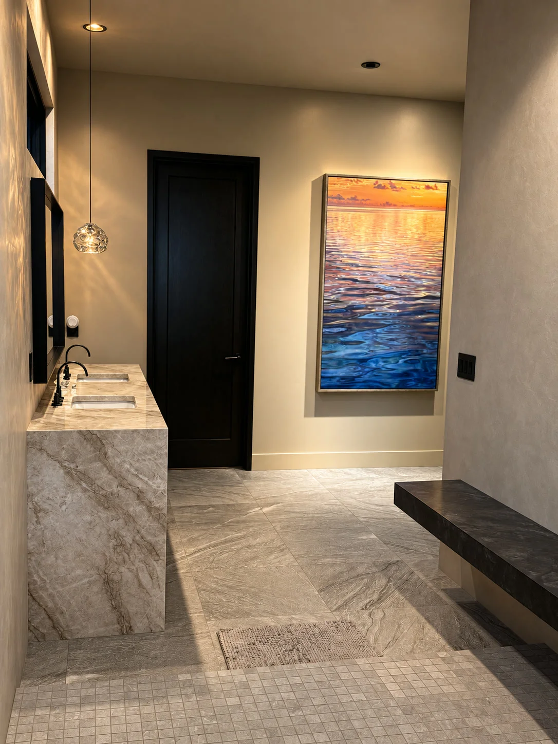 Master bathroom hallway with waterfall stone vanity and heated tile floor