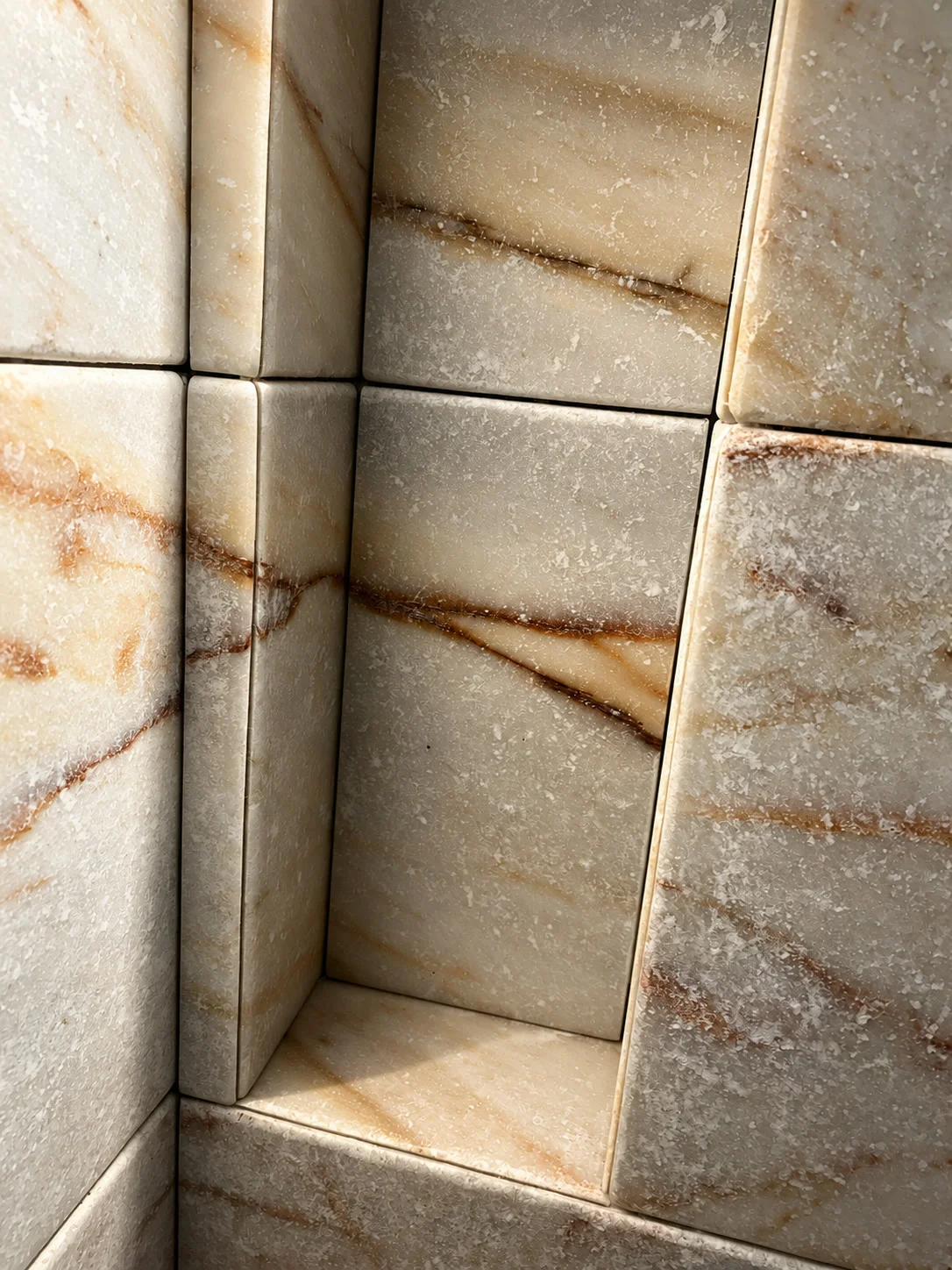 Veined marble shower niche with custom mitered bullnose craftsmanship