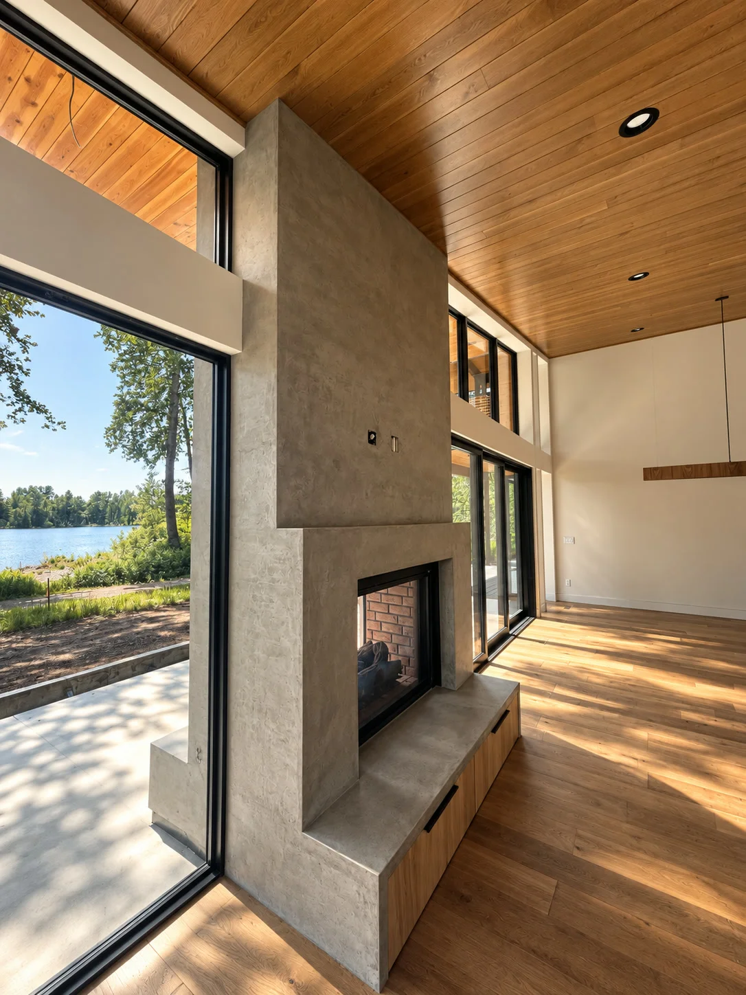 Cast concrete interior fireplace with hardwood floor and cedar ceiling