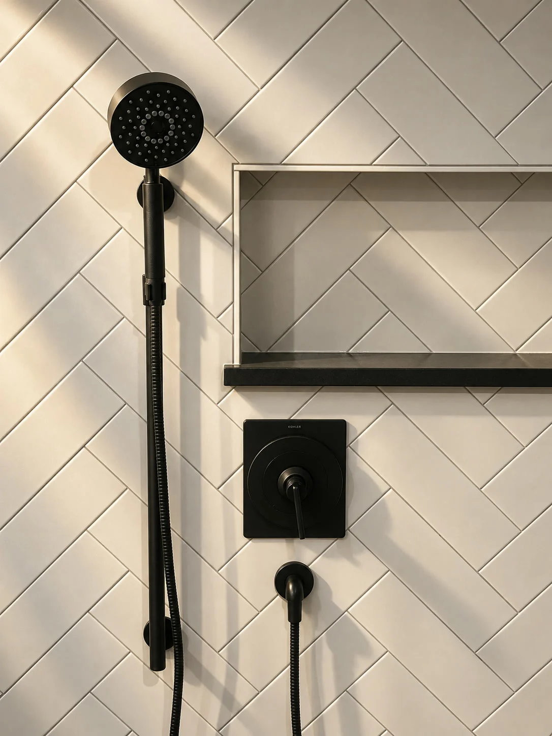 Matte black shower fixtures on white herringbone tile with recessed storage