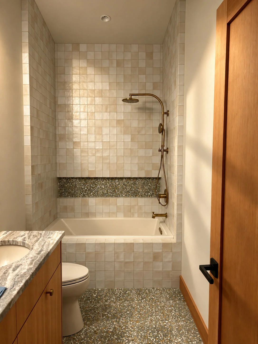 Full bathroom renovation with natural wood vanity and custom tile tub surround
