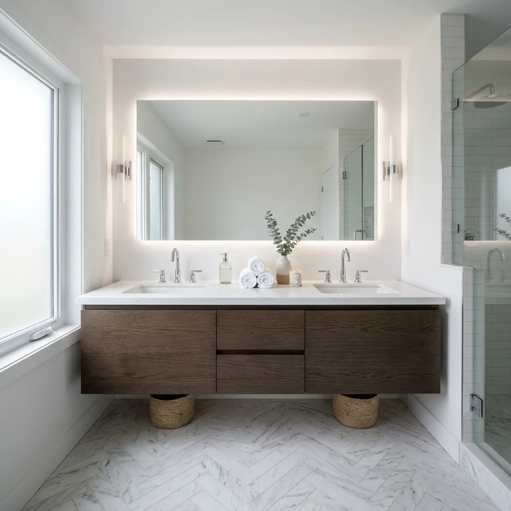 Mid-range bathroom renovation with custom tile shower and stone vanity in Whitefish, Montana by Nautilus Design and Build