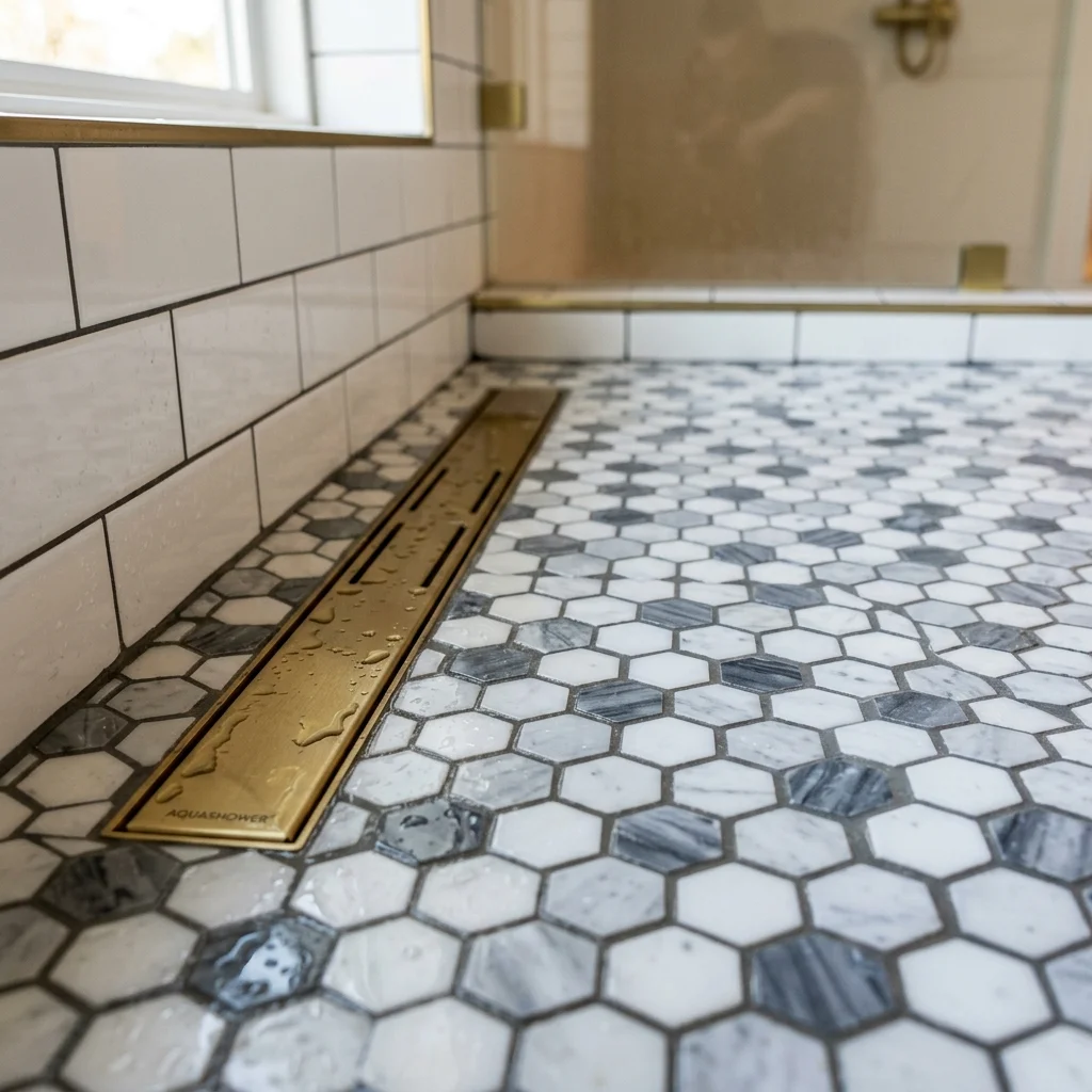 Hand-packed mortar bed being shaped for a custom mud-set shower pan in a Whitefish Montana bathroom remodel