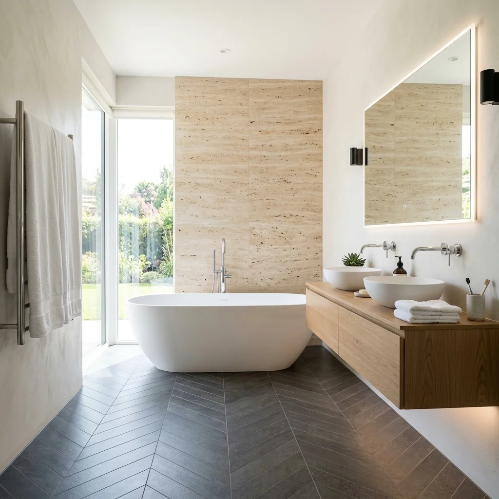 Modern bathroom renovation with freestanding tub and travertine stone