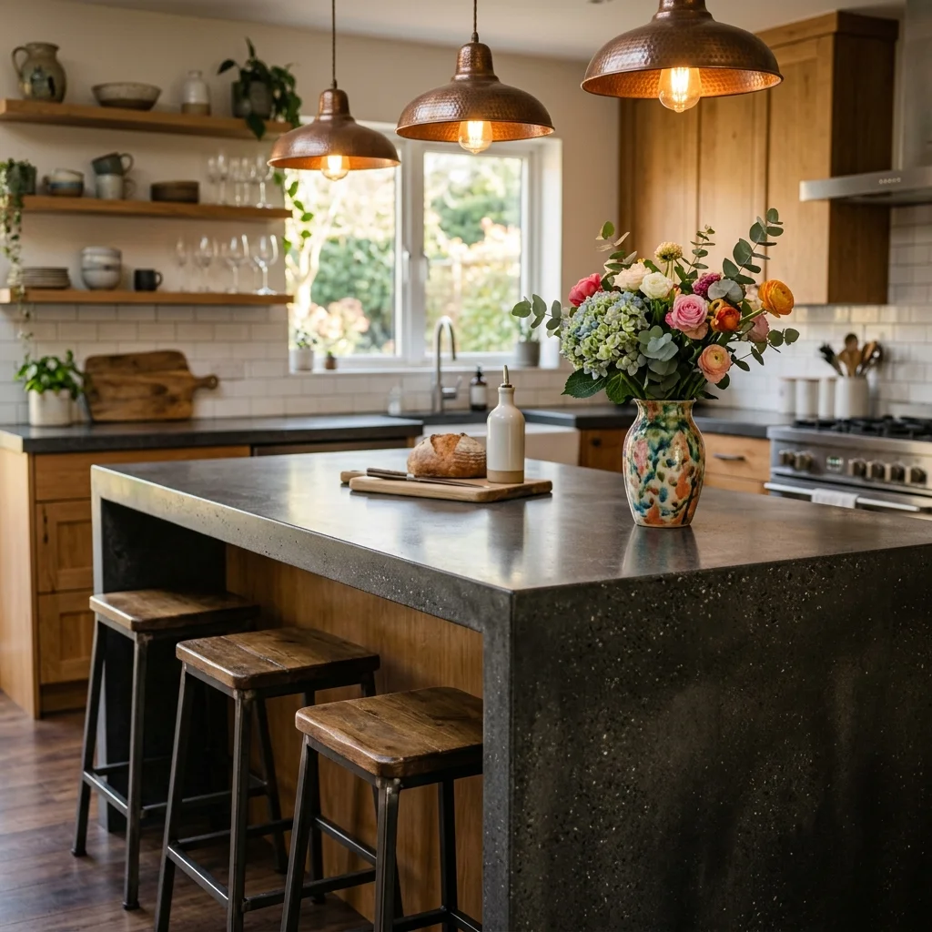 Custom concrete countertop with waterfall edge in Flathead Valley kitchen
