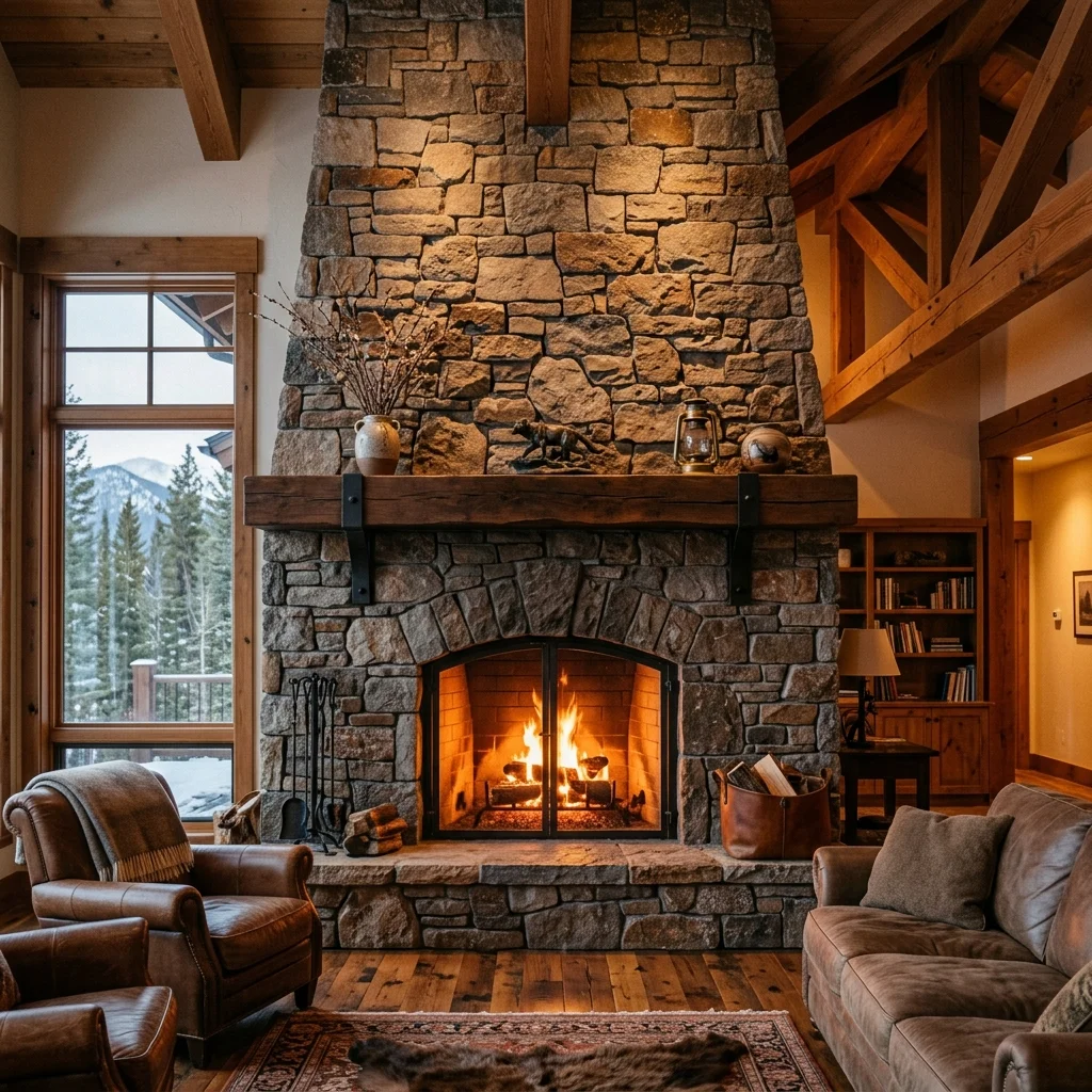Floor-to-ceiling natural stone fireplace in Montana mountain home