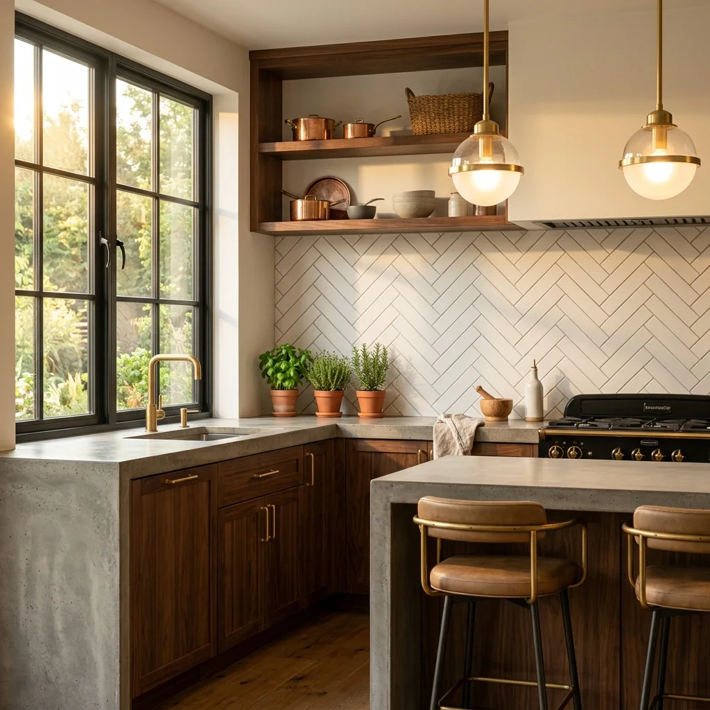 Kitchen herringbone tile backsplash with concrete countertops in Flathead Valley