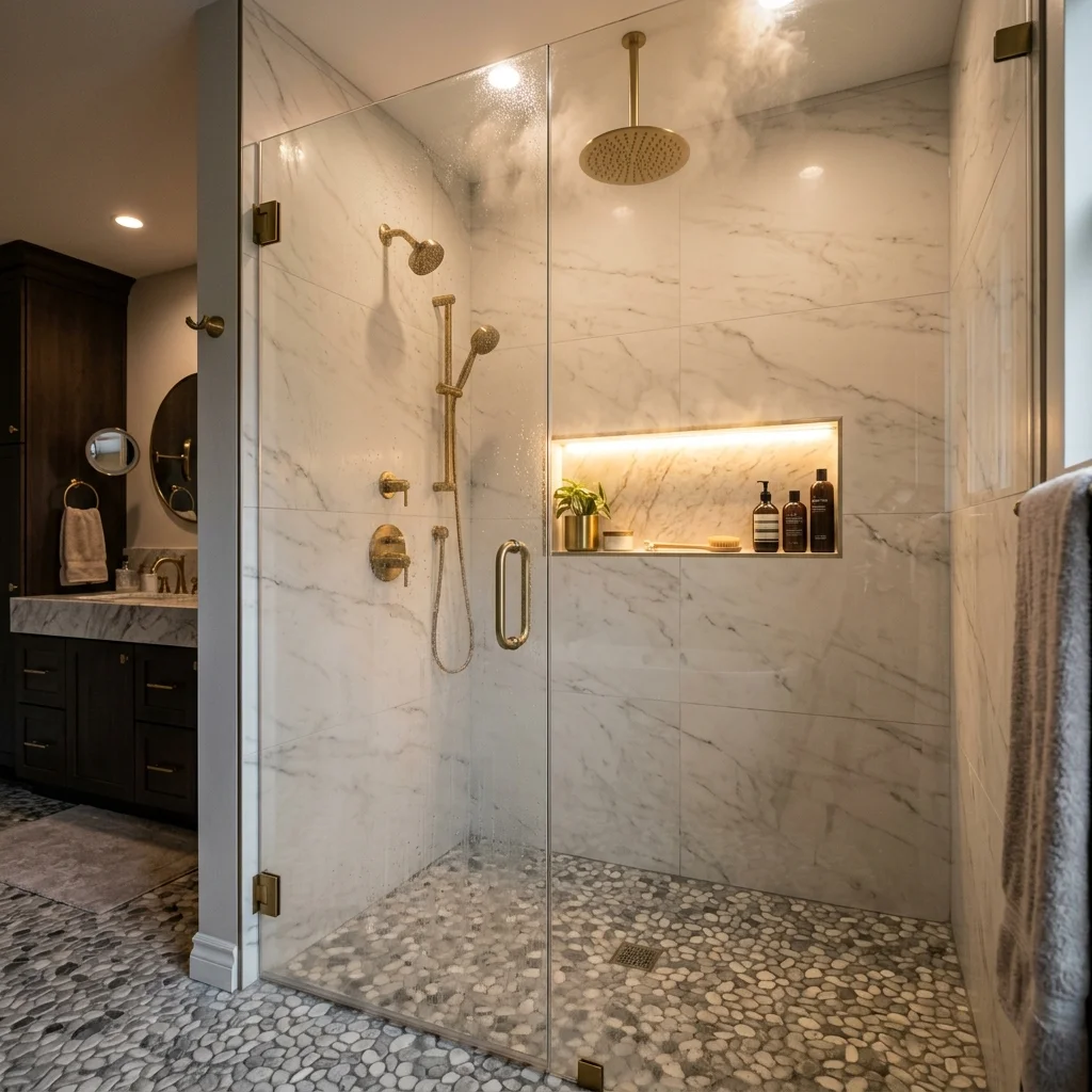 Luxury walk-in shower with marble-look porcelain tiles in Whitefish, MT