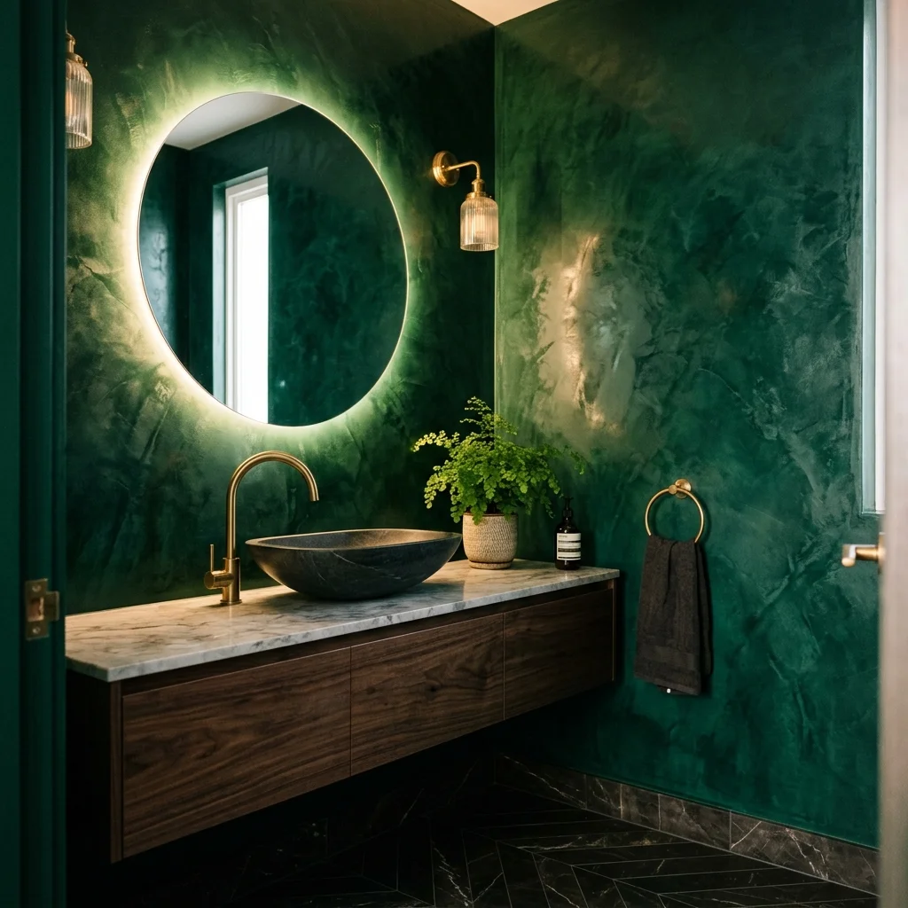 Venetian plaster powder room with emerald green finish in Whitefish
